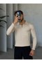 V27 Fleece-Lined Straight-Cut Polo Collar Sweater, V-Neck, Beige - 3