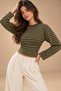 Women's Shiny-Textured Striped Oversized Long-Sleeved T-Shirt with a Waist-Fitted Fit - 4