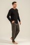 Men's black 100% cotton long sleeve pajama set, buttoned bicycle collar, pocket detailed - 7
