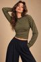 Women's Long-Sleeved Oversized Waist-Fitted Striped T-Shirt with a Shiny Texture - 2
