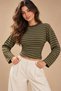 Women's Shiny-Textured Striped Oversized Long-Sleeved T-Shirt with a Waist-Fitted Fit - 7