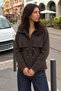 Women's Mock Neck Brown Casual Coat with Snap-Fastened Zipper - 2