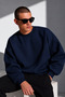 Men's Navy Blue Crew Neck Oversized Sweatshirt with Fleece-Lined Design, Thick-Textured and Soft-Textured Design - 8