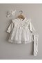Girl Baby Christening Dress with Bandana, Tights, and Lace—Newborn Hospital Discharge Outfit, Wedding Dress, Evening Gown—100% Cotton Christening Dress 8023-1