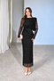 Women's Crew Neck Black Draped Tulle Detail Long Evening Gown - 2