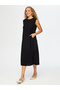 Women's Satin Jacquard Woven Low-Sleeve Elegant Black Dress Uw26Elb003