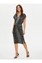 Women's V-Neck Silver Printed Pleated Black Evening Dress Uw26Aby015 - 2