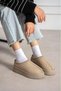 Beige Suede Women's Boots with Fur Lining, Embroidered Details, and Thick Sole.