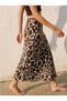 Graphic Pattern Viscose Satin Fabric, Midi-Length Brown Skirt. - 4
