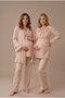 Women's Beige Wrap-Neck Long-Sleeved Maternity Pajama Set with Nursing Features.