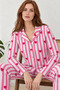 Women's Long Sleeve Shirt Collar Pink Striped Heart Pajama Set 4770