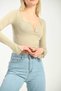 Beige Square Neck Chest Detailed Long Sleeve Blouse - 2