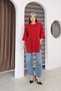 Red Oversized Double-Sleeve Long T-Shirt with Side Slits | Cotton Basic Crew Neck Single Jersey Fabric - 6