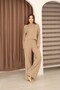Taupe Color Yumoş Fabric Hooded Zipper Sweatsuit | High-Leg, Wide-Leg Top and Bottom Set | Comfort - 3