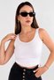 White Ruched Crop Tank Top with Draped Details | Pool Neck, Fitted Cut | Asymmetrical Cut, Ribbed Knit Corset Top