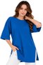 Blue Oversized Double-Sleeve Long T-Shirt with Side Slits | Cotton Basic Crew Neck Single Jersey Fabric Day