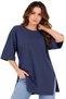 Navy Oversized Long-Sleeve T-Shirt with Double Sleeves and Side Slits | Cotton Basic Crew Neck Single Jersey Fabric - 3