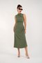 Women's Khaki A-Line Midi Dress | With Asymmetrical Ruched Drape Detail | Sleeveless Crew Neck | Paper Touch - 2
