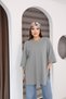 Gray Oversized Double-Sleeve Long T-Shirt with Side Slits | Cotton Basic Crew Neck Single Jersey Fabric Casual