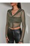 Khaki Women's Long-Sleeve Tulle Cropped Shirt | Button-Down Crew Neck Knit Cropped Blouse | Everyday Casual Sheer - 2