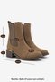 Women's Round Toe Chelsea Boots with Gold Accents, Double Elastic Bands, and Thick Heels—Farel Tobacco Brown Suede - 8
