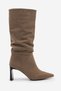 Women's Pointed Toe, Ruched, Thick Heel, Zipperless Casual Boots in Dark Taupe Color Suede - 2
