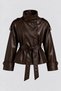 Women's Coffee-Colored Belted Stand-Up Collar Premium Faux Leather Jacket.