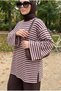 Women's Brown Crew Neck Striped Oversized Modest Sweatshirt Tunic, 75 cm - 2