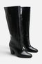 Women's Black Patent Leather Square-Toe Knee-High Boots with Center Seam Detail