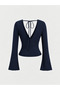Navy Blue Deep V-Neck Tie-Detail Spanish-Sleeve Blouse, Navy Blue Spanish-Sleeve Blouse - 6