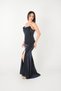 Stone Detailed Jacquard Fabric Strap Evening Dress - Dark Blue - 2