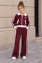 Burgundy Girls' Zipper-Front, Striped Jacket with Wide-Leg Pants and Brushed Inside Sweatsuit Set 25101 - 2