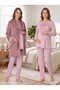 New Season Pink Lace-Detailed, Easy-Breastfeeding Design, Long-Sleeved Postpartum and Maternity Velvet Robe Pajama Set - 4