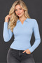 Women's Long Sleeve Polo Collar Ribbed Bodycon Slim Fit Soft Textured Basic Elegant Casual Baby Blue Knitwear Sweater - 6
