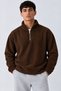 Men's Oversized Long-Sleeved Coffee-Colored Fleece with Half-Zip Closure