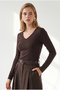 Women's Brown V-Neck Soft-Textured Knit Sweater KZK-19001206