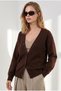 Women's Brown Deep V-Neck Cardigan with Button Details and Brushed Inside Trim HRK-19000529