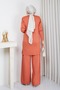 Women's Modest Tunic, Cold-Spun Yarn, Checked Pattern, Crew Neck, Long Sleeves, Slit, Terracotta Color - 7
