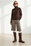 Women's Brown Boat Neck Knit Sweater with Corded Fabric Collar Detail KZK-19001202 - 4