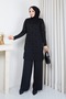 Women's Modest Tunic, Cold-Spun Yarn, Square Pattern, Crew Neck, Long Sleeves, Slit, Black - 2