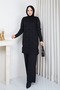 Women's Modest Tunic, Cold-Spun Yarn, Square Pattern, Crew Neck, Long Sleeves, Slit, Black - 3