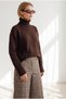 Women's Brown Boat Neck Knit Sweater with Corded Fabric Collar Detail KZK-19001202 - 3