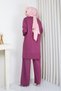 Women's Modest Tunic, Cold-Spun Yarn, Checked Pattern, Crew Neck, Long Sleeves, Slit, Plum - 7