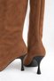 Women's Tan Suede Stiletto Heel Pointed-Toe Knee-High Boots - 6