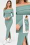 New Season Women's Madonna Collar Corded Fabric Knit Long-Sleeved Long Dress with Side Slits - 3