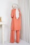 Women's Terracotta Color Ribbed Knit Modest Tunic with Wave and Floral Print, Slit, and Cool Yarn - 7