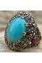 Bronze Women's Ring, Authentic Copper Jewelry, Zircon-Inlaid Oval-Cut Turquoise Stone, Palace Series, Adjustable V - 3