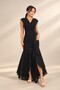 Women's Long Crepe Dress with a Wrap Neckline, Lined Design, Asymmetrical Ruffles, and Chiffon Accents