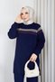Women's Navy Blue Knit Modest Tunic with Glittery Striped Detail and a Crew Neck and Slit - 3