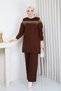 Women's Brown Knit Modest Tunic with Cold-Weave Glittery Striped Detail, Sequin Trim, Crew Neck, and Slit - 2
